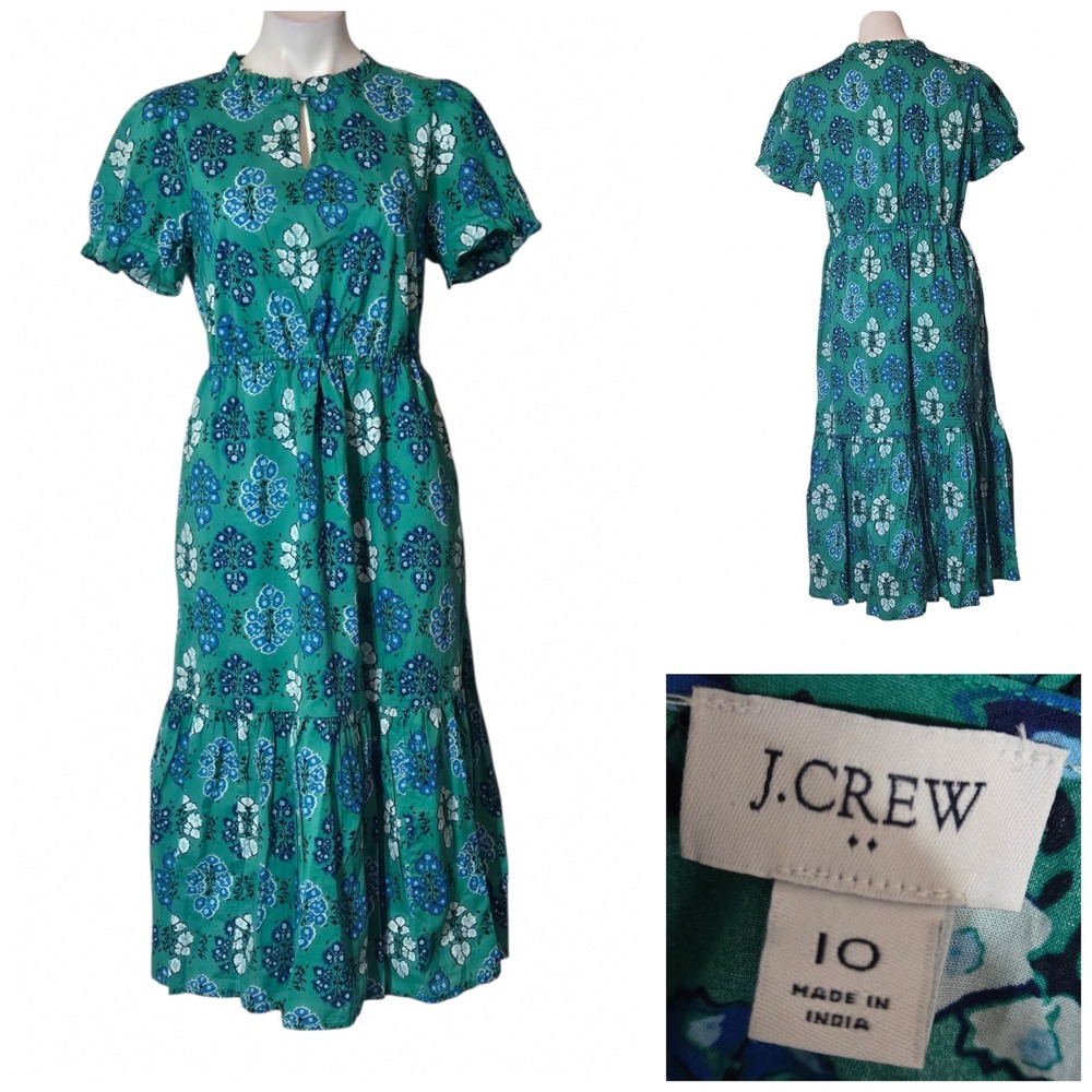J.Crew Factory midi dress Green Floral Block Print Tiered Cotton 10 Puff Sleeve